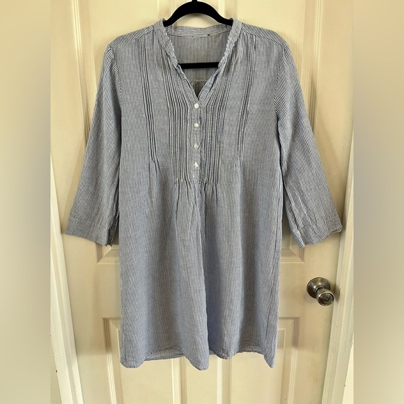 Tahari Linen Blend blue & white striped Long Sleeve Dress Size Small GUC Midi - Picture 10 of 15
